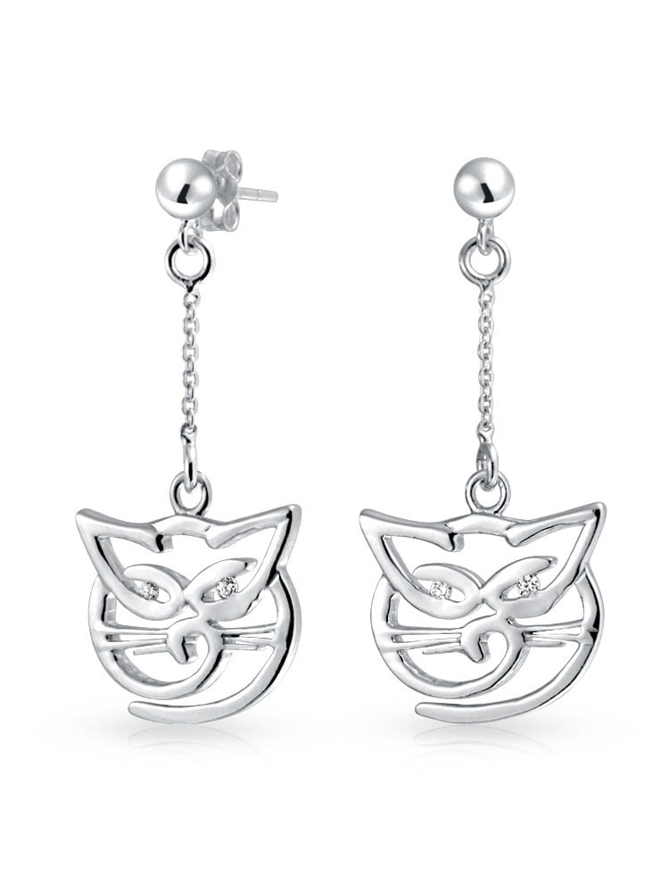 925 Sterling Silver Earrings Ear Threads Fish and Cat