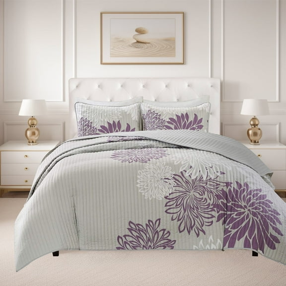 Comfort Spaces Full/Queen Size Quilt Set, 3-Piece Floral Bedspread Bedding Set, Purple and Gray Coverlet Set for All Season, Lightweight Comforter Set