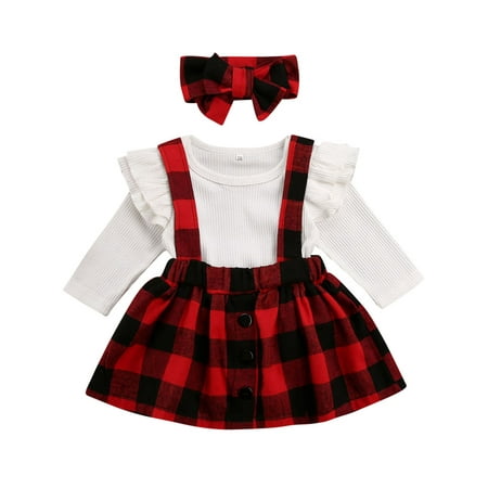 

Ma&Baby Infant Baby Girls Clothes Set Long Sleeve Knitted Romper + Plaid Suspender Dress + Headband