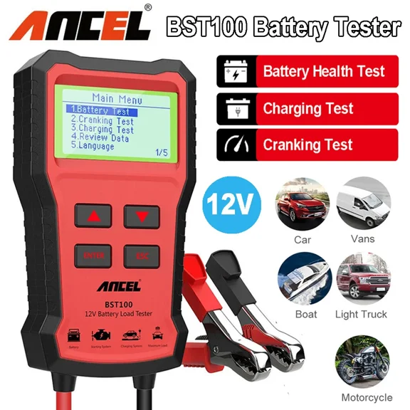 ANCEL BST100 12V Car Battery Charger Tester Battery Analyzer 100-2000 CCA 12 Voltage Battery System Test Vehicle Charging Circut Load Scan Tool Detect Batteries Status Health for Cars Vans Boat Truck