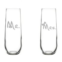 Set of 2 Glass Champagne Flutes Sparkling Wine Glasses Mr Mrs Bows Bride And Groom Wedding Toasting Anniversary Engagement (8.5 oz Stemless)