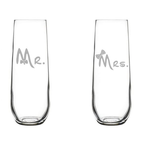 Set of 2 Glass Champagne Flutes Sparkling Wine Glasses Mr Mrs Bows Bride And Groom Wedding Toasting Anniversary Engagement (8.5 oz Stemless)