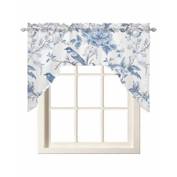 White Blue Spring Floral Kitchen Swag Valances for Windows, Summer Birds Botanical Swag Valances Curtains for Living Room, Rod Pocket Window Treatments for Bathroom, Bedroom, Cafe, 56"x36"