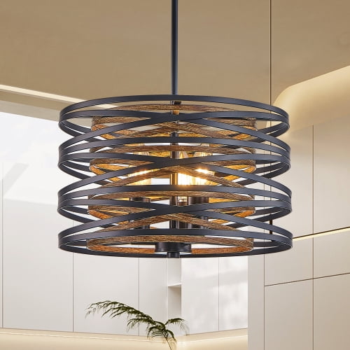ACE-LIGHTS,3-Light 13" Rustic Industrial Pendant Light(Bulbs Not Included),Metal Cage Chandelier with Wood Accents for Living Room,Dining Room,Kitchen Island(Walnut black)