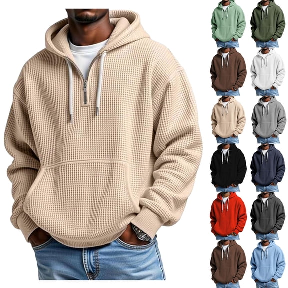 Dhwswlt Oversized Hoodie for Men Waffle Knit Quarter Zip Hoodies Loose Fit Long Sleeve Drawstring Pullover Big and Tall Fall Winter Sweatshirt with Kangaroo Pocket 5XL