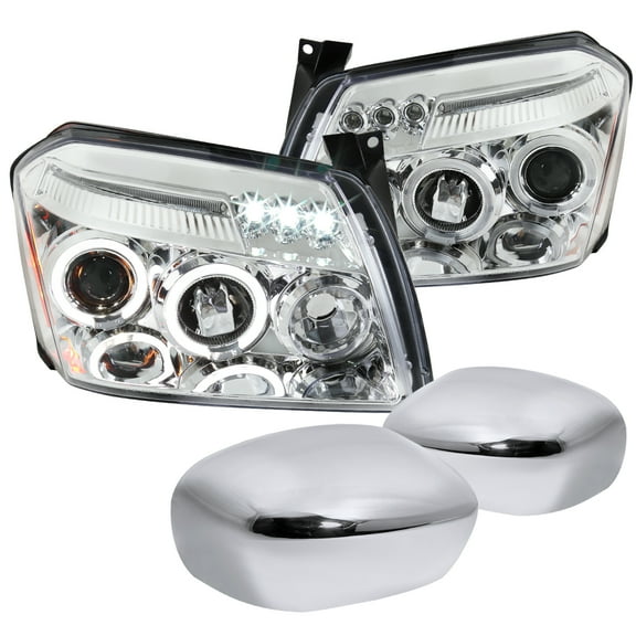 Spec-D Tuning Chrome Headlights Side Mirror Covers Compatible with 2005-2008 Dodge Magnum Left Right Pair Headlamps Assembly