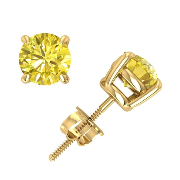 Natural 1.00Ct Round Cut Yellow Diamond Basket Stud Earrings 14k Yellow Gold Prong I1