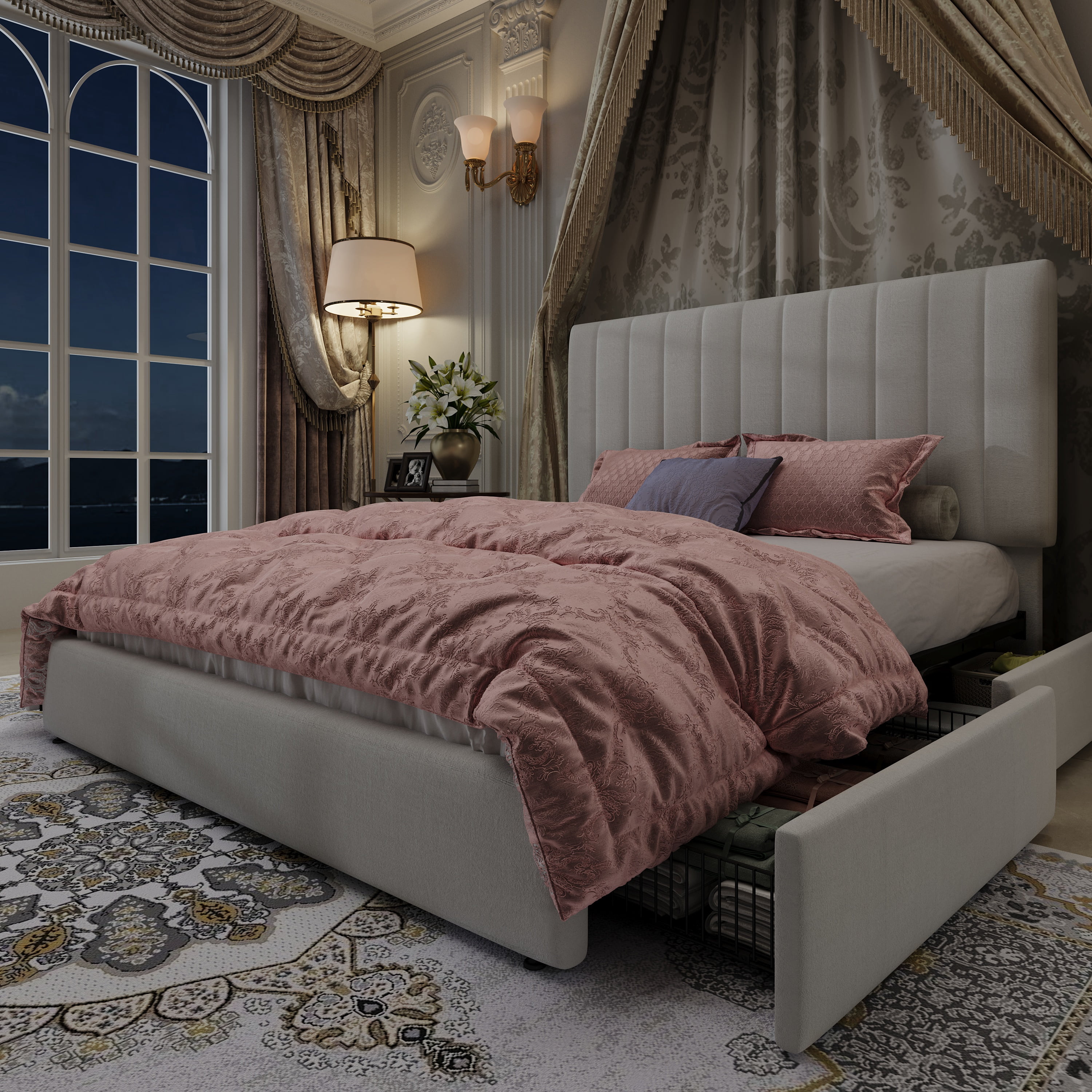 Amolife Queen Bed Frame, Platform Bed with Adjustable Velvet-Wrapped Headboard and 4 Storage Drawers, No Box Spring Required, White