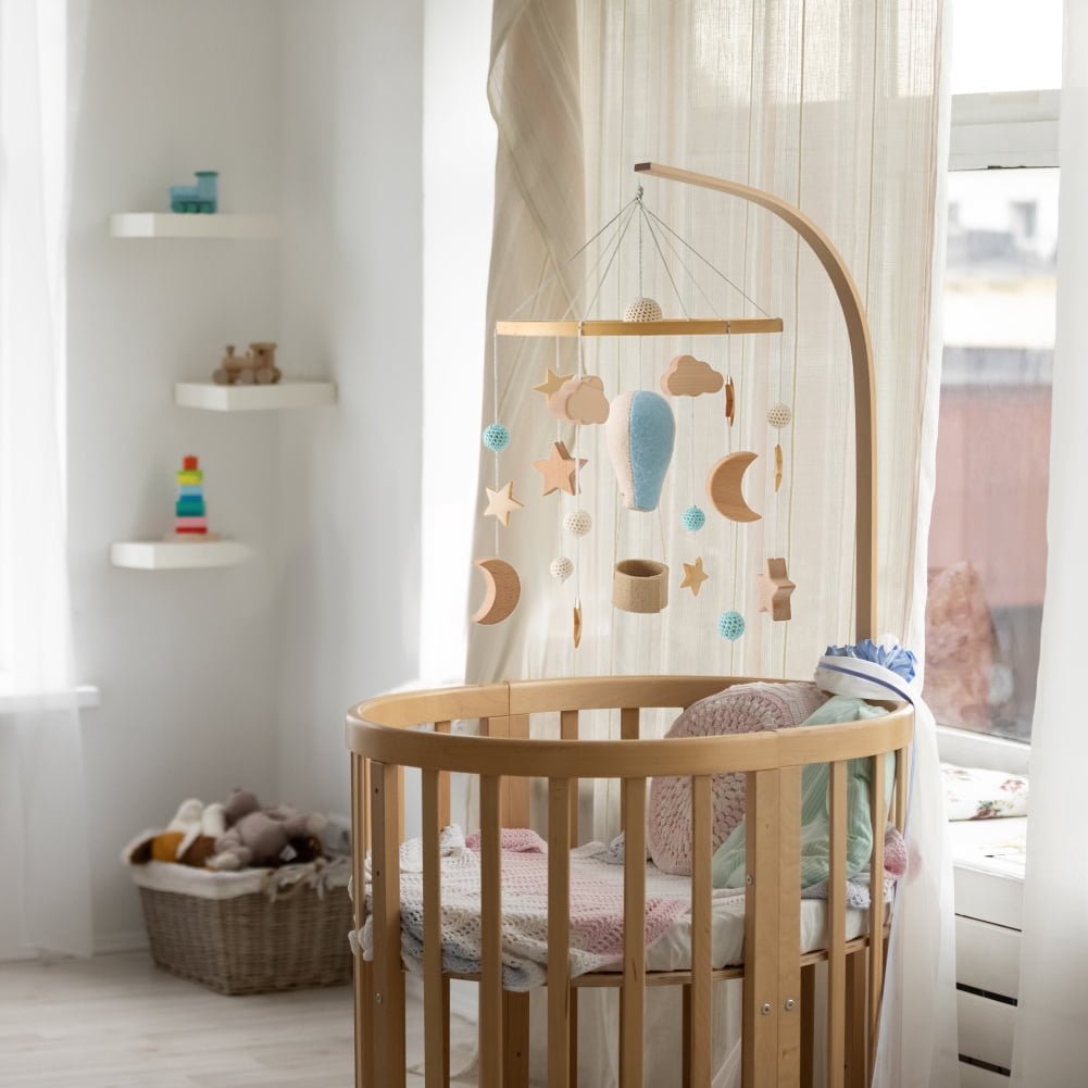 Baby Crib Bell – Rotating Wooden Wind Chime with Stars, Moon & Hot Air Balloon Hanging Toys for Newborn Sleep & Development, Blue