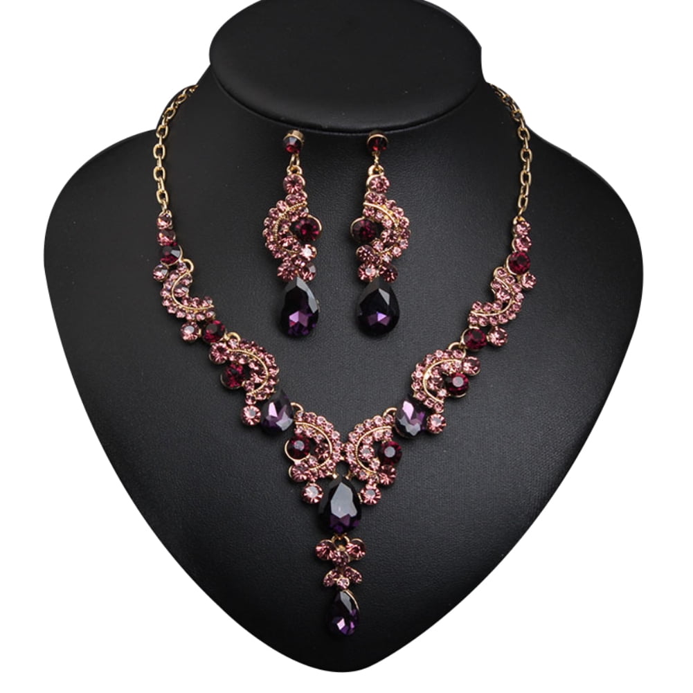 LEAQU Luxury Women Rhinestone Pendant Chain Necklace Stud Earrings