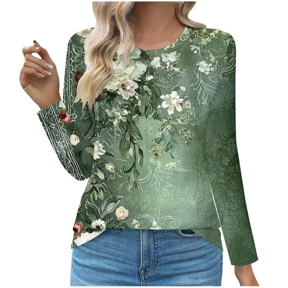 Womens Tops Printed Floral Blouse Round Neck Long Sleeved Casual Loose Casual Top,Tops for Women Army Green