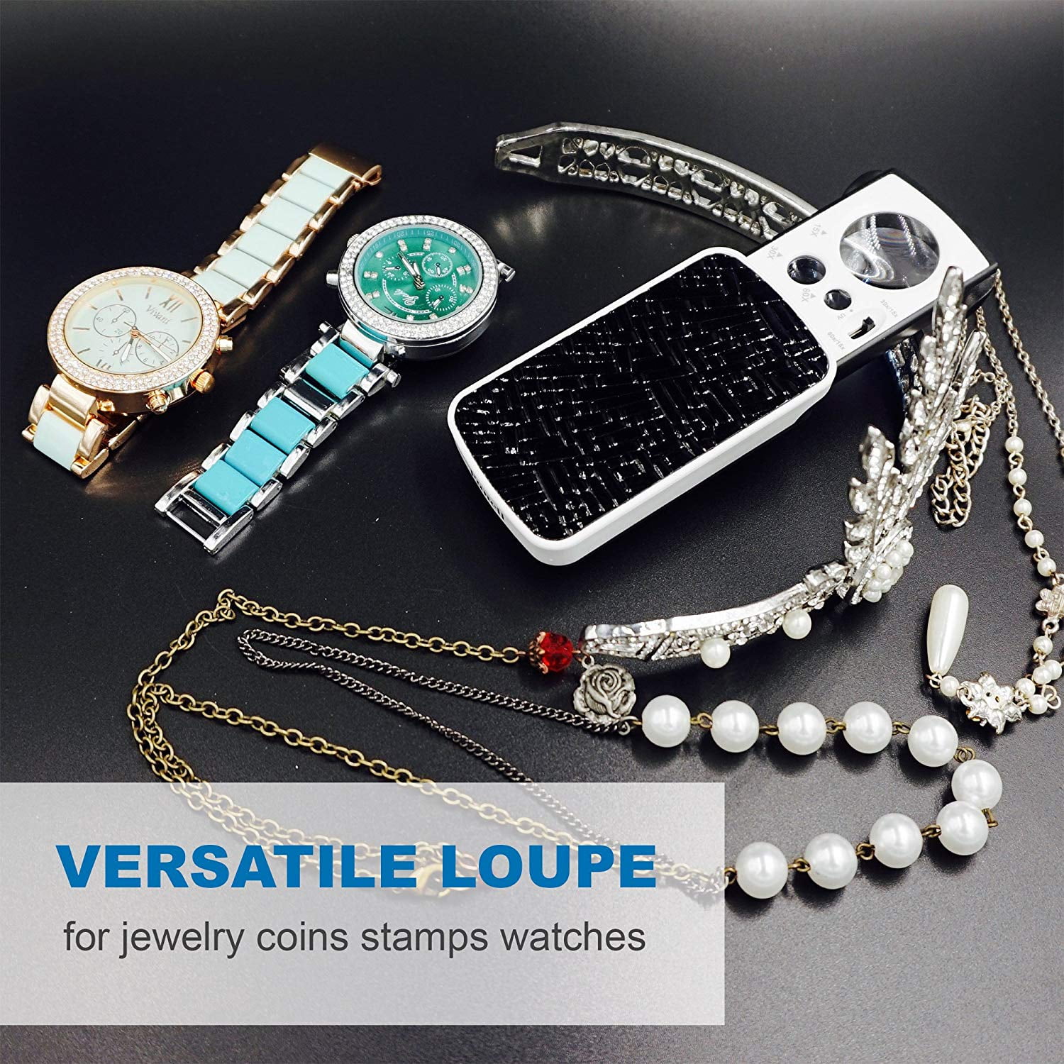 Stamps Best for Jewelry Diamonds Coins Gems Rocks etc LED Lighted Slide Out Pocket Jewelry Loupe 30X 60X and 90X Multi-Power Small Portable Loupe Magnifier with UV Black Light 