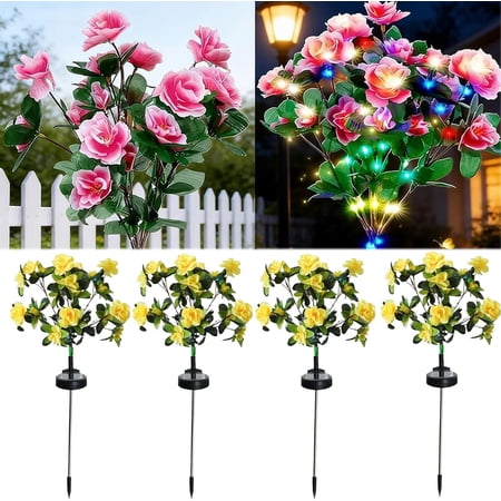Memorial Garden Bloom Lights Weatherproof LED Solar Garden Lights-Featuring Ultra-Realistic Artificial Petals with 21 Heads Garden Decor Stake Light for Yard Patio Pathway Lawn Cemetery (Yellow-4pcs)