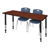Kee 66" x 24" Adjustable Student Table - Cherry & 2 Andy 18-in Chairs- Navy