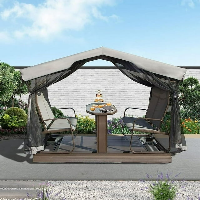 Domi 4-Seat Outdoor Glider Benches with Canopy, featuring a retro metal glider chair design with a sturdy aluminum frame. The patio swing chair includes a built-in canopy for shade and a tempered glass tabletop at the center. The seating area is equipped with comfortable sling seats and backrests, and the removable netting adds protection during summer. Ideal for outdoor spaces like gardens, lawns, or patios, this weather-resistant glider bench offers smooth and quiet motion for up to four people.