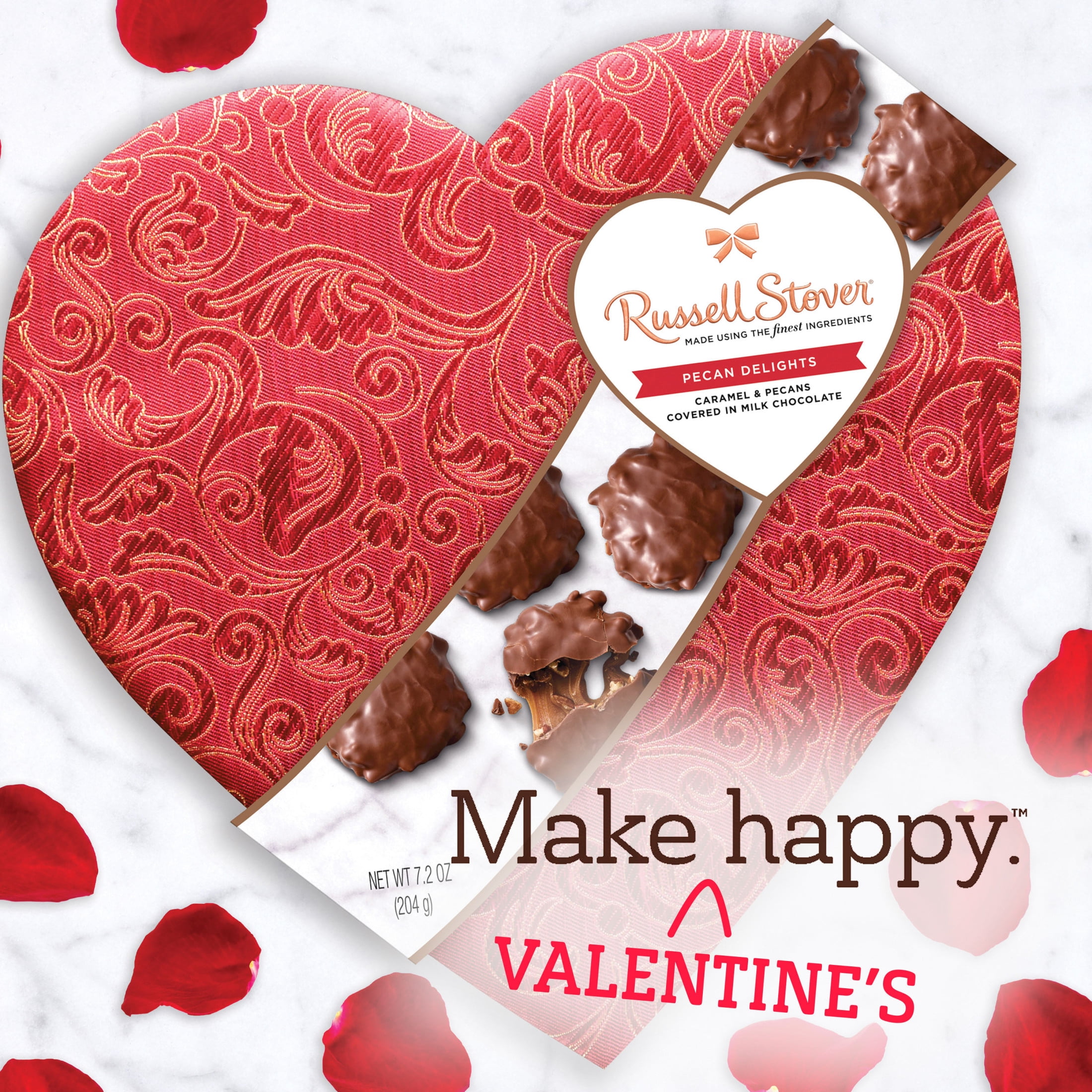 Russell Stover Valentine's Day Satin Heart Pecan Delights Milk Chocolate Candy Gift Box, 7.2 oz.