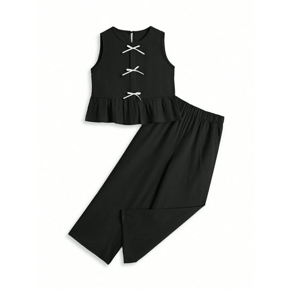 EMMIOL Girls' 2 Piece Clothing Sets Sleeveless Bow Crop Top Wide Leg Linen Pants 2025 Summer Outfits Cute Kids Clothes