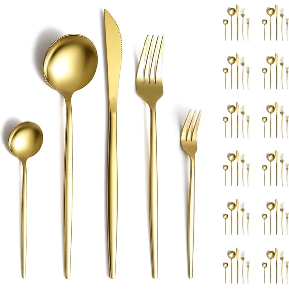 Juego de Cubiertos de 60 Piezas: Cubiertos de Acero Inoxidable - Set de cubiertos con Cuchillo/Tenedores/Cucharas/Tenedor para 12 (Oro)