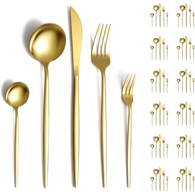 Juego de Cubiertos de 60 Piezas: Cubiertos de Acero Inoxidable - Set de cubiertos con Cuchillo/Tenedores/Cucharas/Tenedor para 12 (Oro)