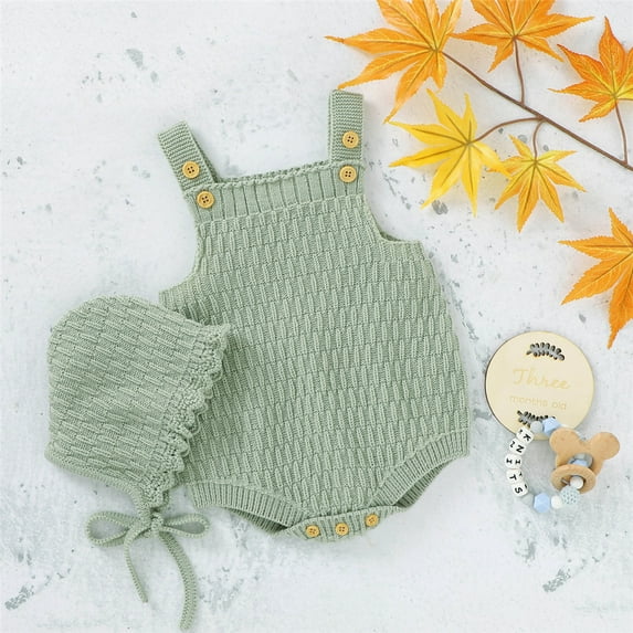 Seyurigaoka Seyurigaoka 2 Pcs Baby Knit Romper Set Sleeveless Triangle Crotch Button One-Piece with Solid Windbreak Hat