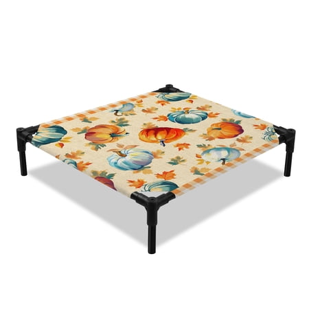 Fall Thanksgiving Elevated Dog Bed Orange Blue Pumpkins Maple Leaf Checked Cooling Breathable Outdoor Raised Dog Cot Bed with Metal Frame Non-Slip Feet for Small Dog 20x20in