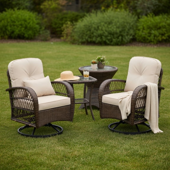 Spaco 3 Piece Patio Swivel Rocker Set, Patio Rocking Chair with Tempered Glass Side Table and Thick Cushions for Patio, Garden, Backyard, Brown