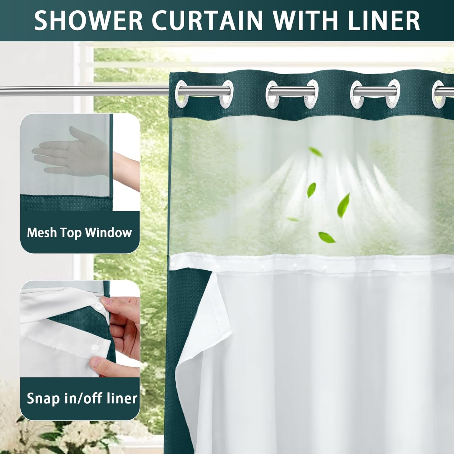Zrodlmo No Hook Fabric Shower Curtain with Snap-in Liner, Waffle Waterproof and Mildew Resistant Bathroom Curtain, 72"x 74", Seaweed Green