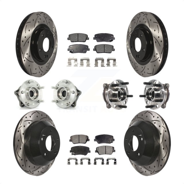 Transit Auto - Front Rear Hub Bearings Assembly Coated Disc Brake Rotors And Semi-Metallic Pads Kit (10Pc) For 2015-2016 Hyundai Santa Fe Sport AWD with 2.4L 2.0L KBB-115763