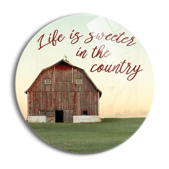 Life Sweeter Country Rustic Red Barn 24 inch Glass Round Wall Hanging Sign