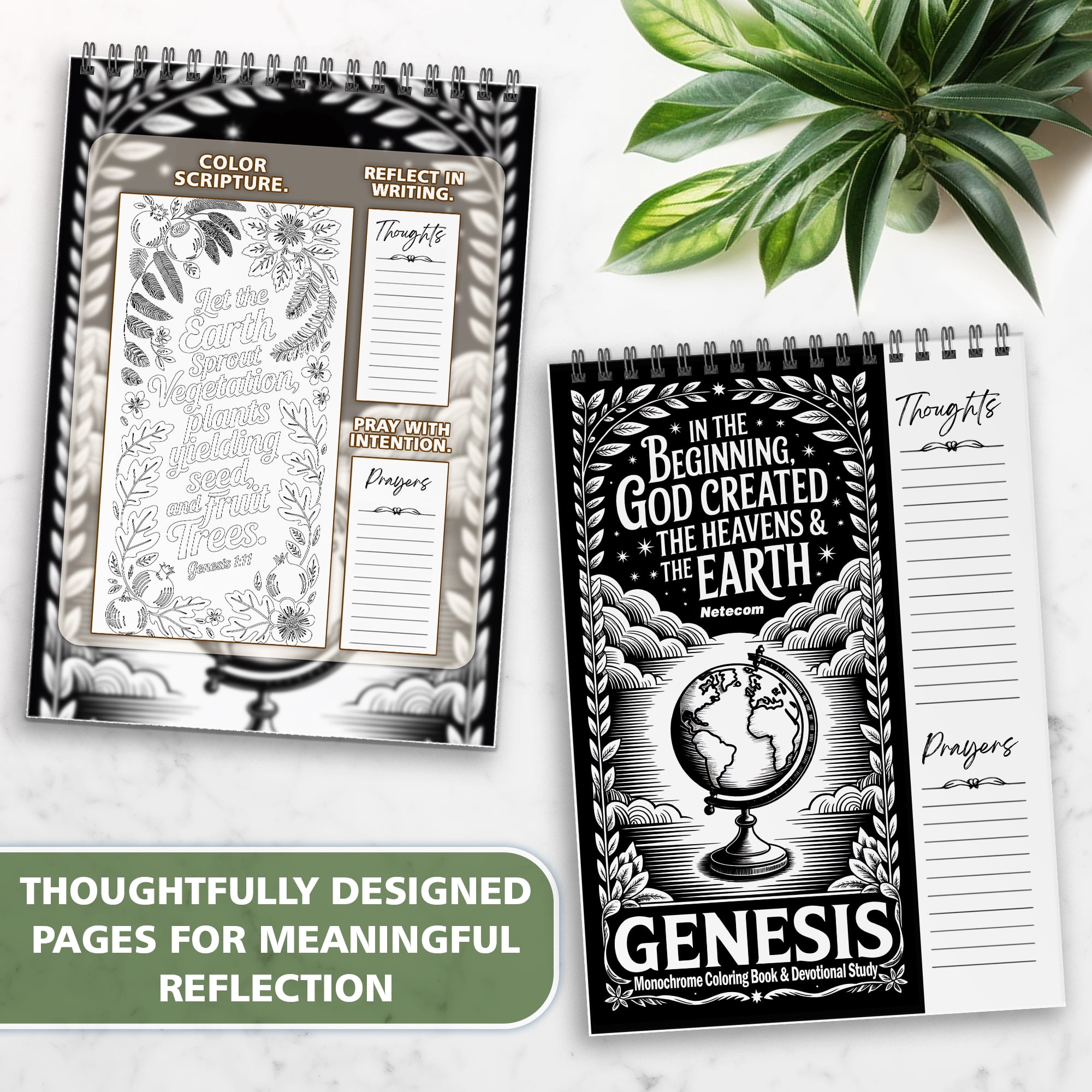 Genesis Monochrome Coloring Book for Adults, 30 Minimalist Scripture Art Pages with Reflection & Prayer Space, Spiral Bound, A4 or A5 Softcover or Wood Cover
