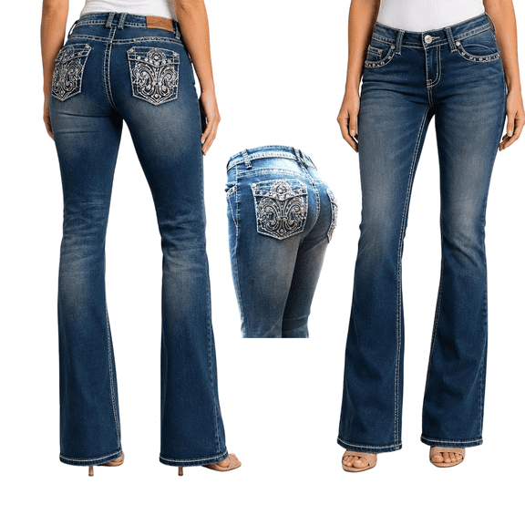 Jack David Rhinestone Studs Dark Wash Denim Bootcut Jeans (NV05008)