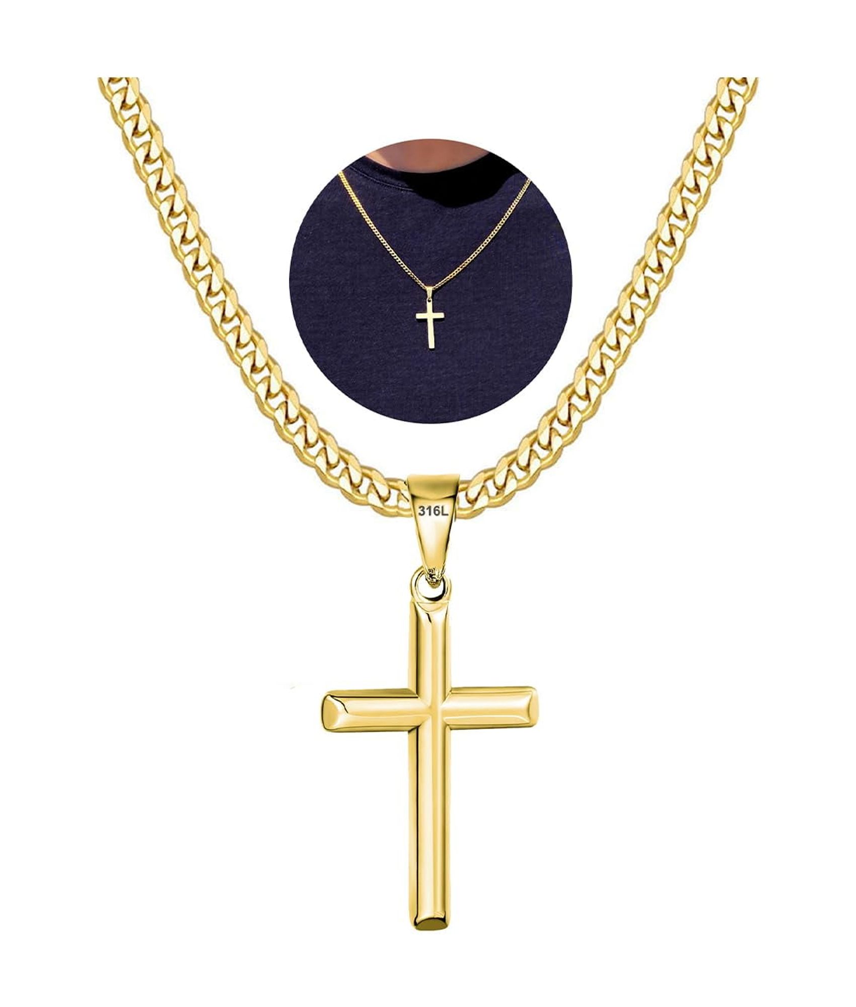 DORANA Gold Plated Cross Necklace, 316L Stainless Steel, 20"