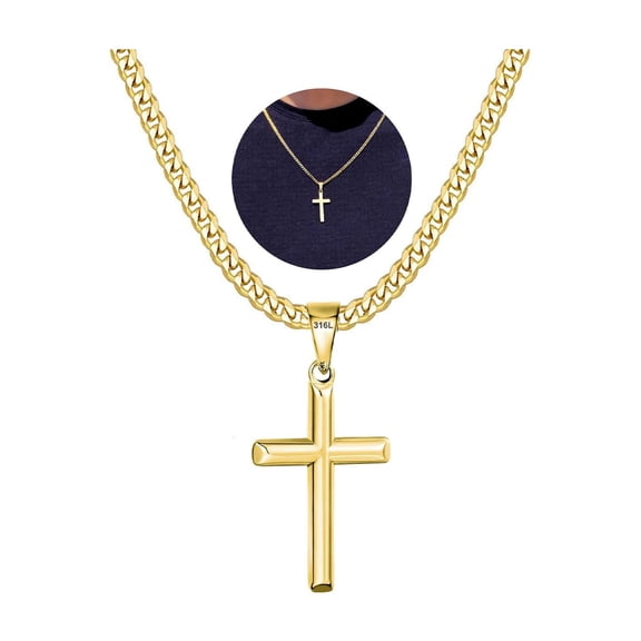 DORANA Gold Plated Cross Necklaces for Men Boys Stainless Steel Cross Pendant Chain Catholic Religious Christian Birthday Christmas Jewelry Gifts Dad Husband Son Kids Stocking Stuffers Age Ideas