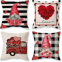 Valentines Day Pillow Covers 16x16 Set of 4 Red Rose Heart Truck Love Buffalo Plaid Stripe Decorative Throw Cushion Case for Home Decorations