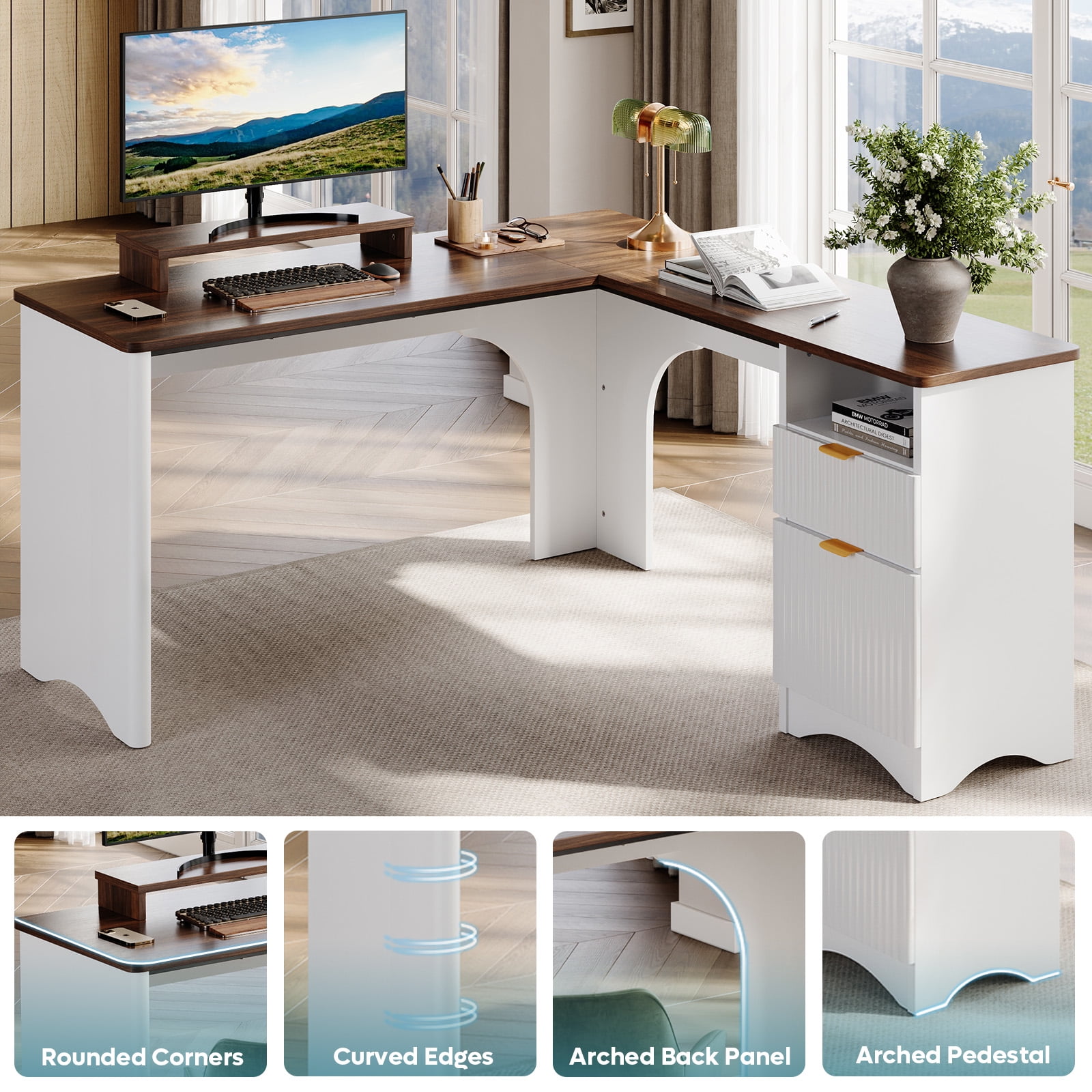 Bestier L Shaped Desk with Drawers, 55.7" x 55" Office Computer Desk with Round Corners, Monitor Stand & Fluted Panels, White & Walnut