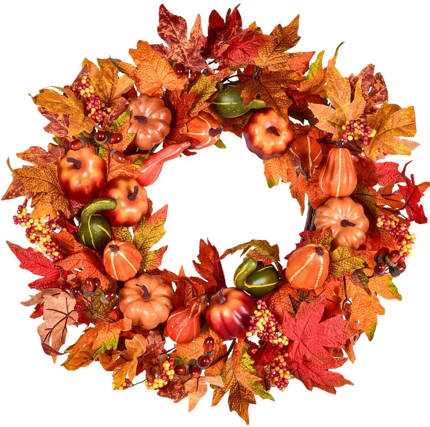 Thanksgiving Day Indoor Outdoor Home Decor harygate Artificial Fall Wreath Halloween 50cm/20 Inch Front Door Wreath with Pumpkin Maple Leaves and Red Berry Ideal for Autumn 