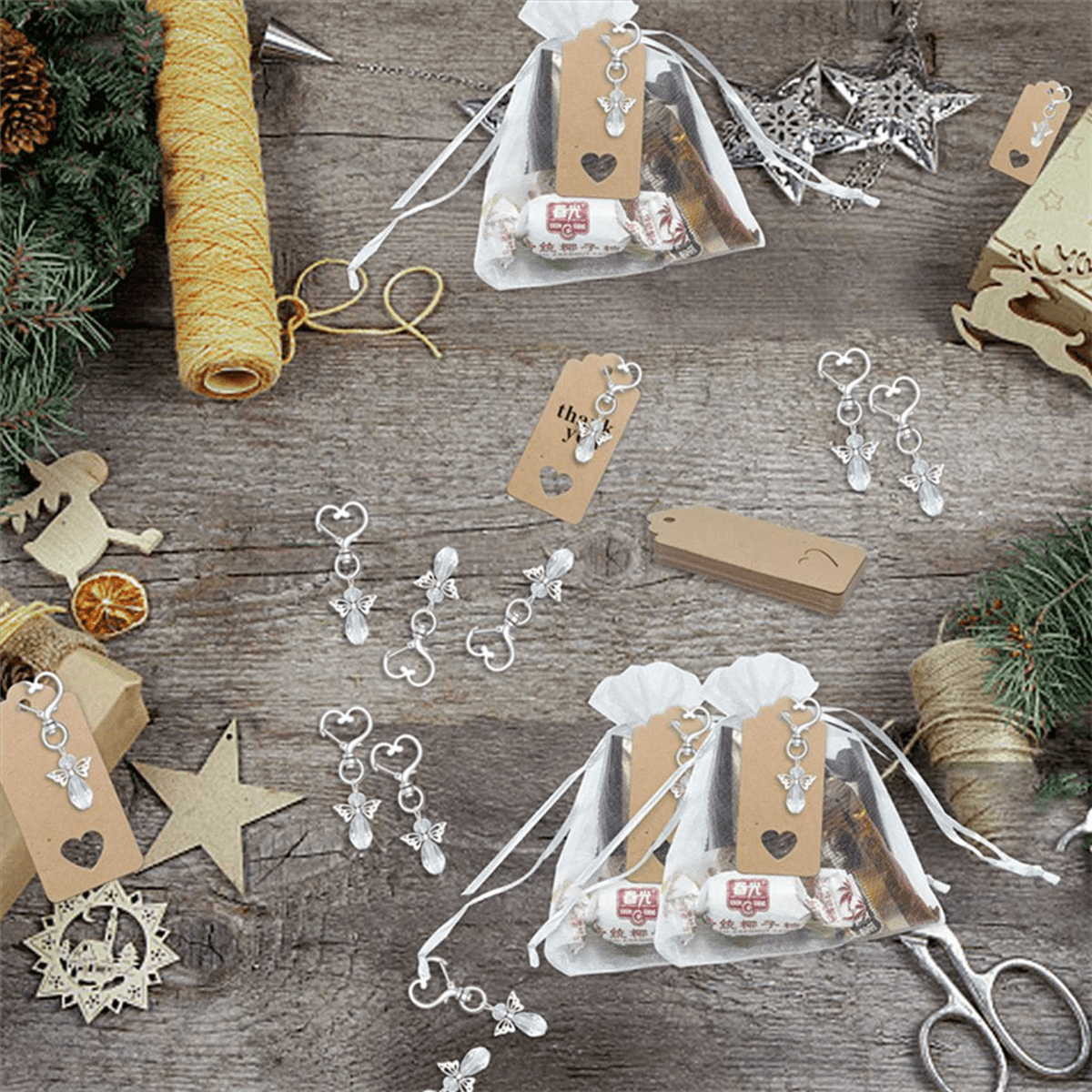 120 Pcs Angel Keychain Souvenir Wedding Gifts Baby Shower Favor Gifts Set with Tag Drawstring Candy Bag