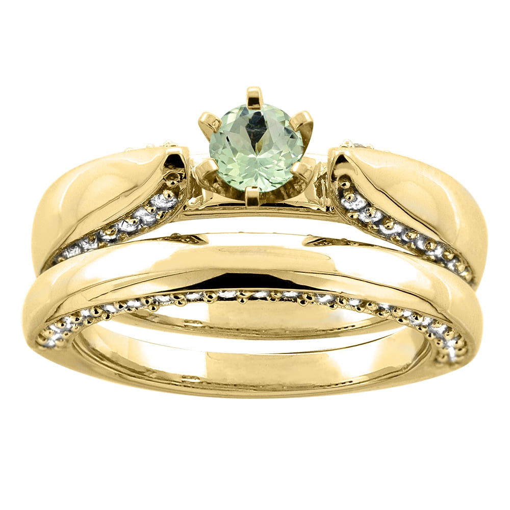 14K Yellow Gold Natural Green Amethyst 2-piece Bridal Ring Set Diamond Accents Round 5mm, size 5 by Gabriella Gold