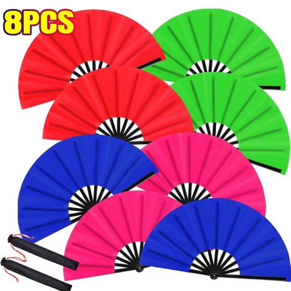 8 Pack 13 Inch Large Folding Hand Fans Bulk Clapping Popping Rave Fans for Kids Women Men for Dancing Boots on The Ground Festival Party Decoration