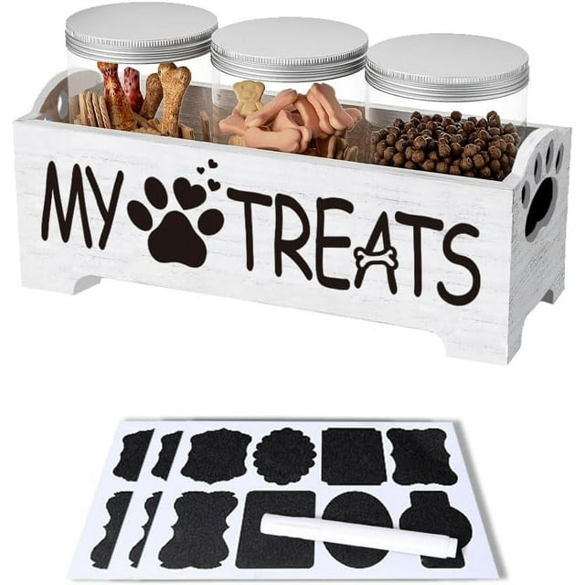 Dog Treat Container,Airtight Dog Food Storage Container with 3 Jars Farmhouse Wood Dog Treat Jars Pet Food Storage Containers for Dog Cat or Small Animals(White)
