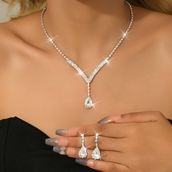 AEXTO Red Rhinestone Teardrop Jewelry Set Glam Accessories for Women, Perfect for Weddings, Parties & Special Occasions