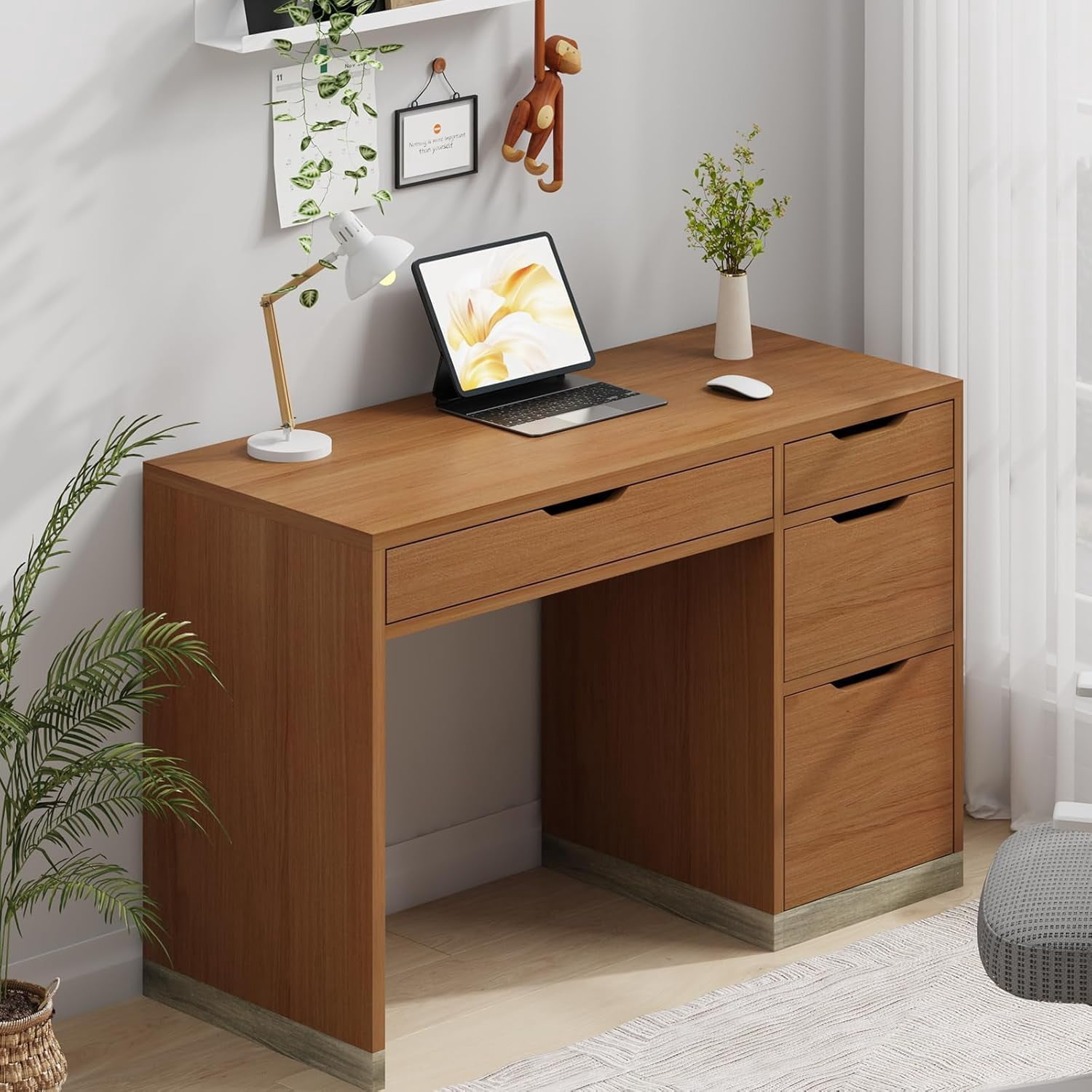 DreamCurship 48 inch Computer Desk with 4 File Drawers, Study Desk with Filing Cabinet and Storage, Home Office Desk for Work and Study, Writing Desk for Small Space, Brown