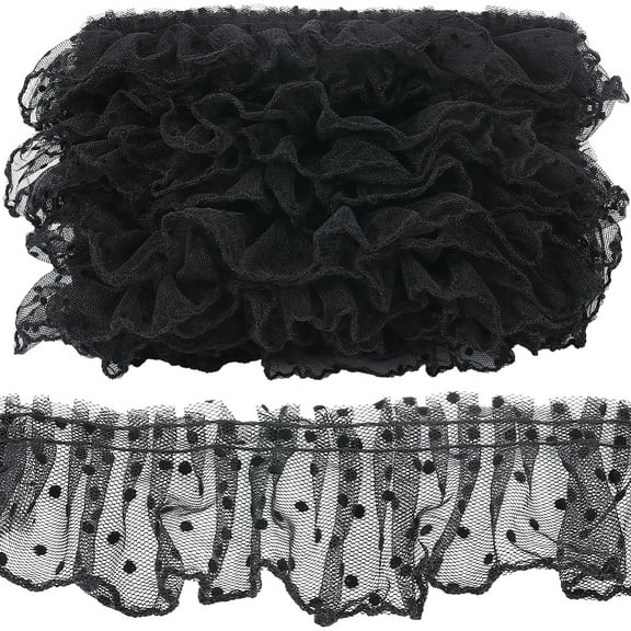10M Polyester Pleated Lace Trim Ribbon Polka Dot Organza Trimming for DIY Decorative Clothes Black 2-3/8 inch(60mm)