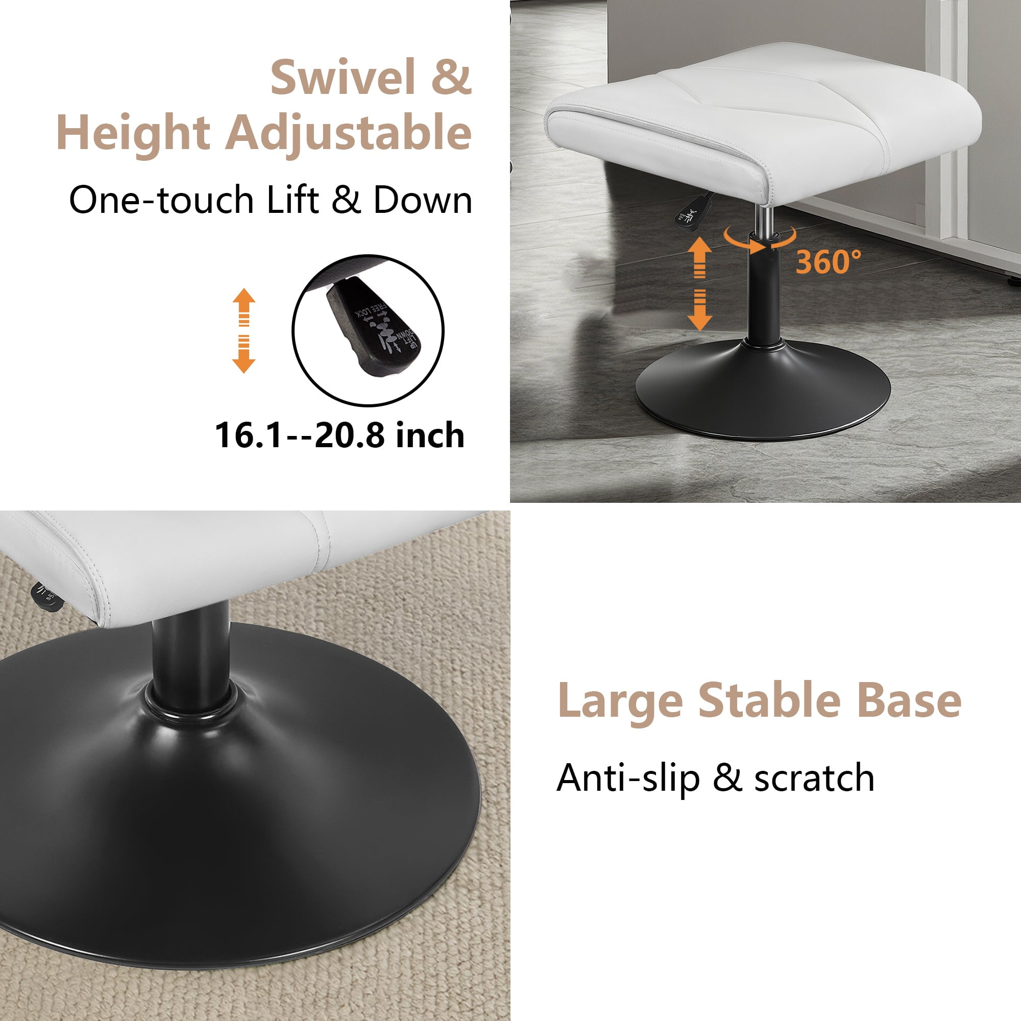 VECELO Footrest Height Adjustable Ottoman Leg and Foot Rest for Work Comfort, Computer Desk Swivel Stool with Thick Padding, Office Seat, White