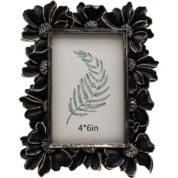 Black Picture Frame 4x6 Frames, Vintage Flower Textured Hand-Crafted Resin with Glass Front Elegant Retro Vintage Design Photo Frame for Tabletop Display Home Decor