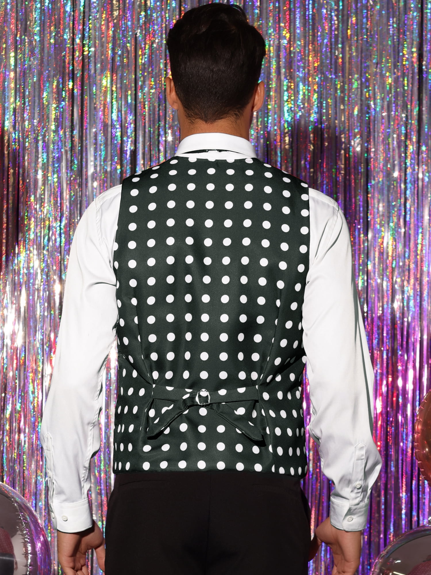 Unique Bargains Men's Dress Slim V-Neck Sleeveless Polka Dots Pattern Waistcoat Vest S Black