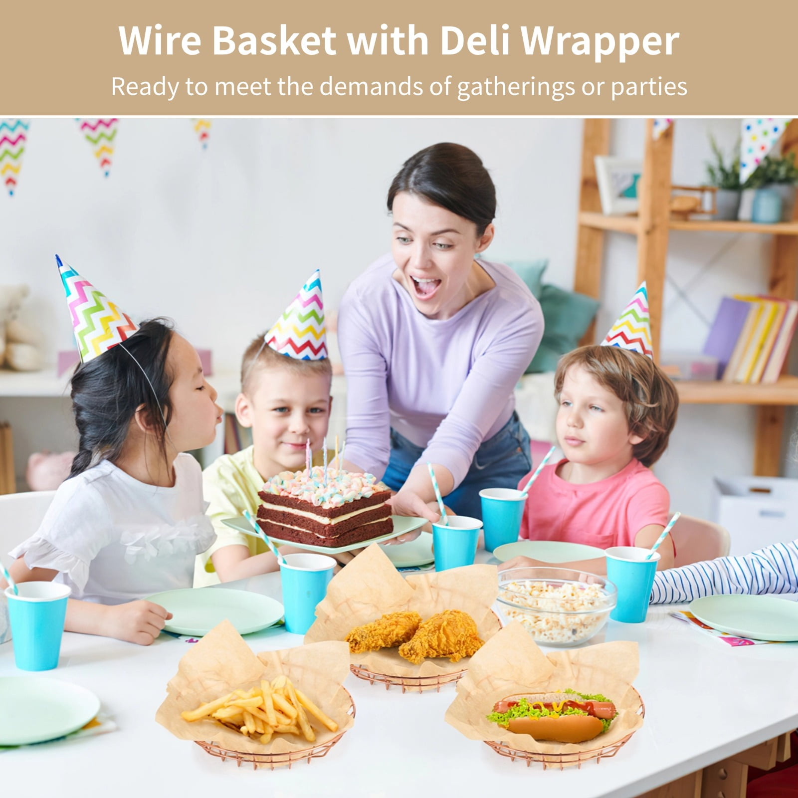 Bulk 24-Pack Gold Wire Serving Baskets, 9.8x1.8 Inch with 100 Deli Papers, Oil-Absorbent Liners, Snack or Bread Baskets for Restaurants, Catering, Events