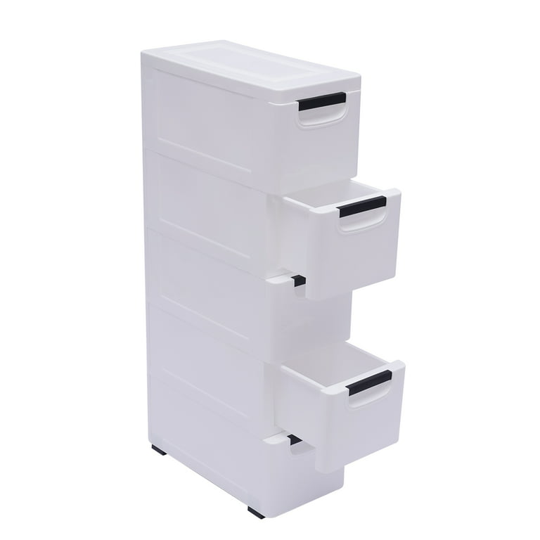 Miumaeov 5 Drawers Plastic Storage Cabinet, Closet Drawers Tall Dresser Organizer for Clothes, Playroom, Bedroom, Stackable Vertical Clothes Storage