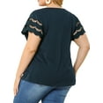thumbnail image 3 of Agnes Orinda Women's Plus Size Tops Lace Panel Hollow Short Sleeves Spring Summer Solid Blouses 2X Dark Blue, 3 of 7