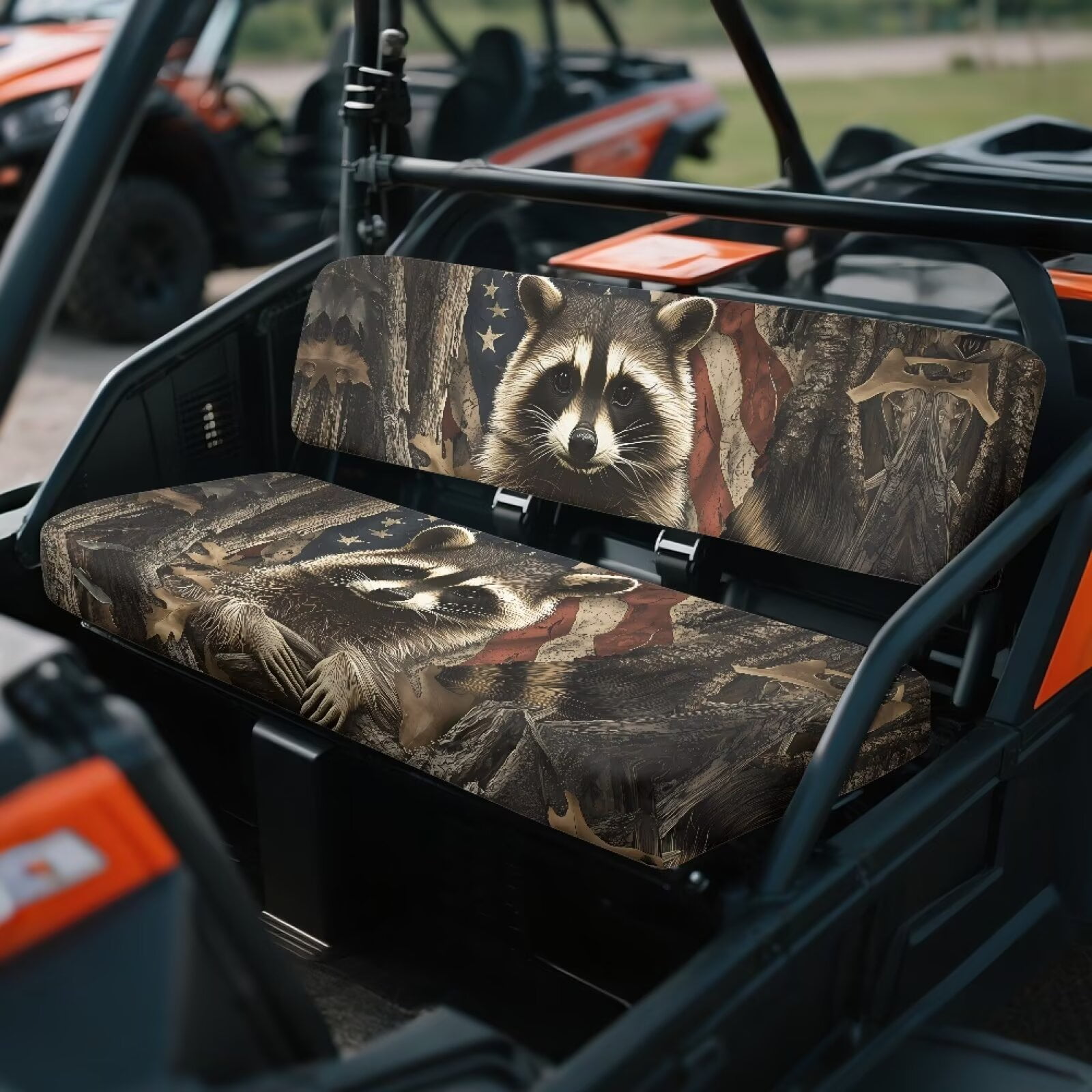 Uorisanigo UTV Seat Cover for Kawasaki Mule 4010 4x4 2009-2025, Non-Slip Mule Front Bench Seat Cover with Elastic Band, American Flag Camo Raccoon Hunter UTV Seats Accessories